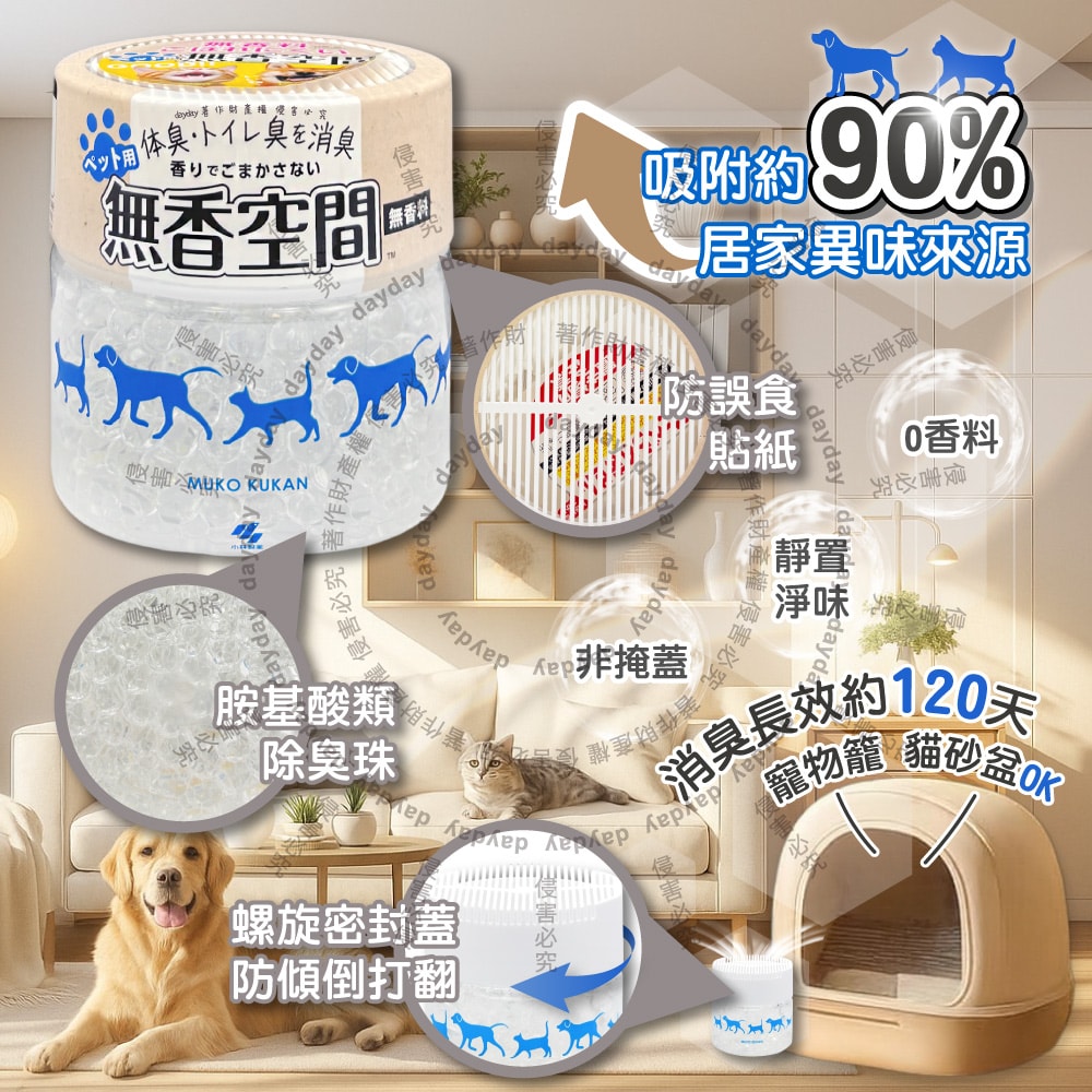 【小林製藥】寵物專用無香空間室內異味消臭珠除臭劑470g/圓盒(寵物籠貓砂盆淨味晶球,居家放置型空氣清新,分解毛孩體味尿騷便臭)