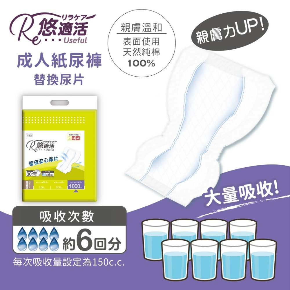 【悠適活】日本製成人黏貼式尿布替換片6回1000cc(30片/包)