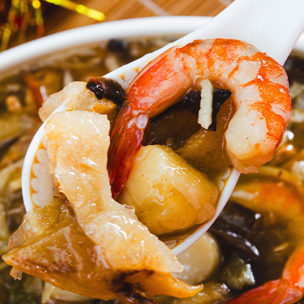 【鮮綠生活】(免運組)三珍佳餚加菜組合(八寶海鮮魚翅羹750g+醬燒鮑魚10顆+冰梅紹興醉蝦10隻)(年菜/年貨)