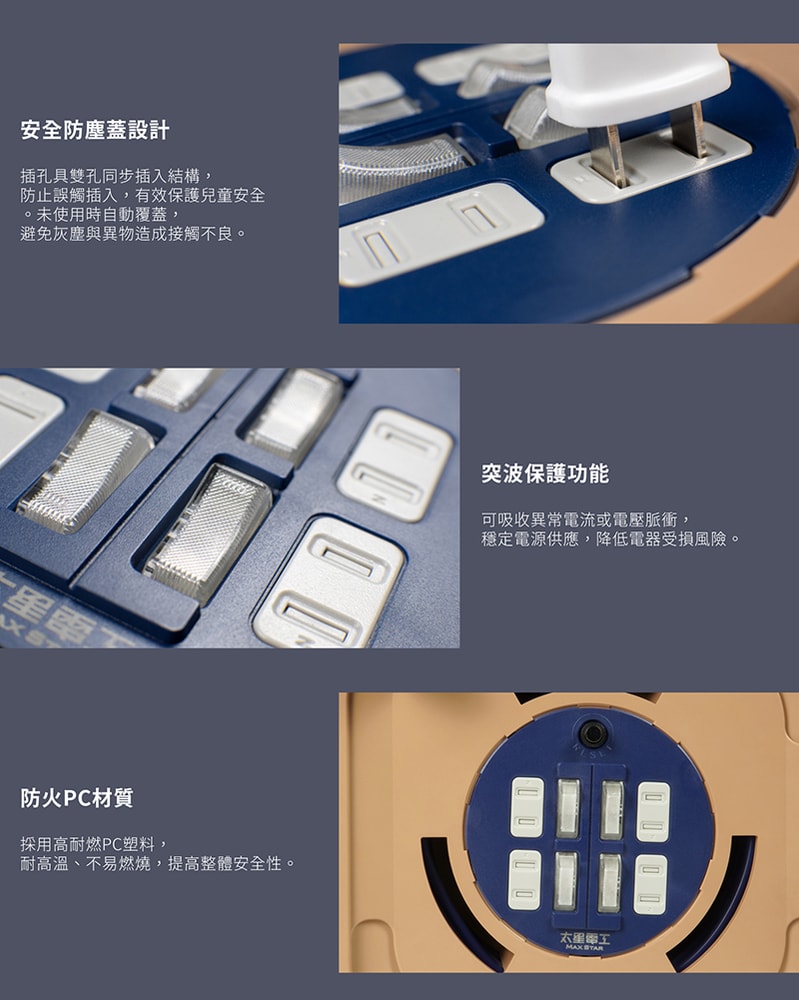 【太星電工】蓋安全四開四插2P輪座延長線15A 17米(1700公分)/過載保護/過熱保護/防塵蓋