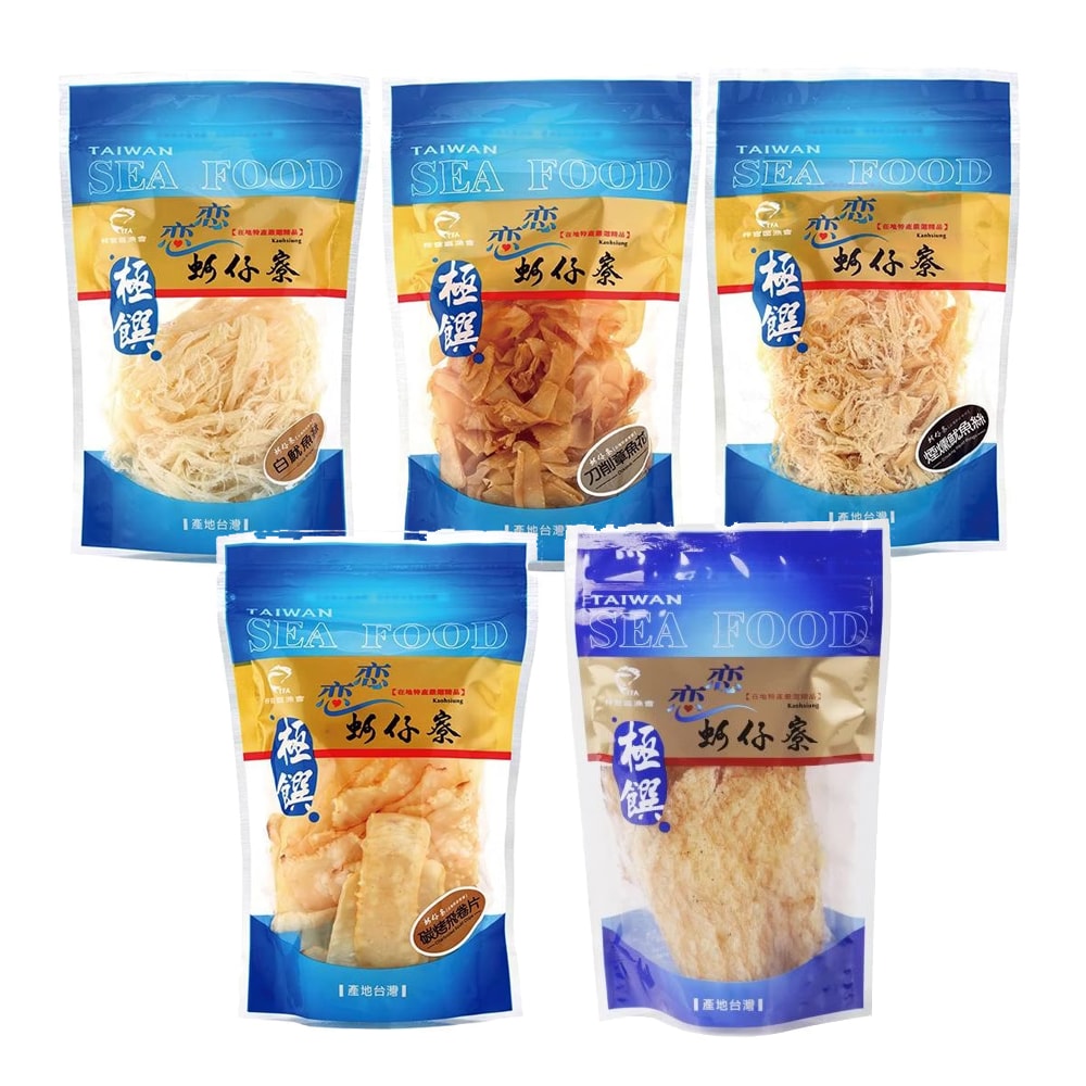 【梓官區漁會】熱銷海味零嘴精選組(白魷魚絲/刀削章魚花/煙燻魷魚絲/碳烤飛卷片/碳烤魷魚片各1包)