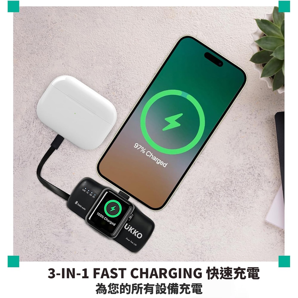 【UKKO】3合1 充手機/Watch+自帶TypeC線 直插式 5000mAh 快充行動電源(TypeC接頭可收)+附收納盒