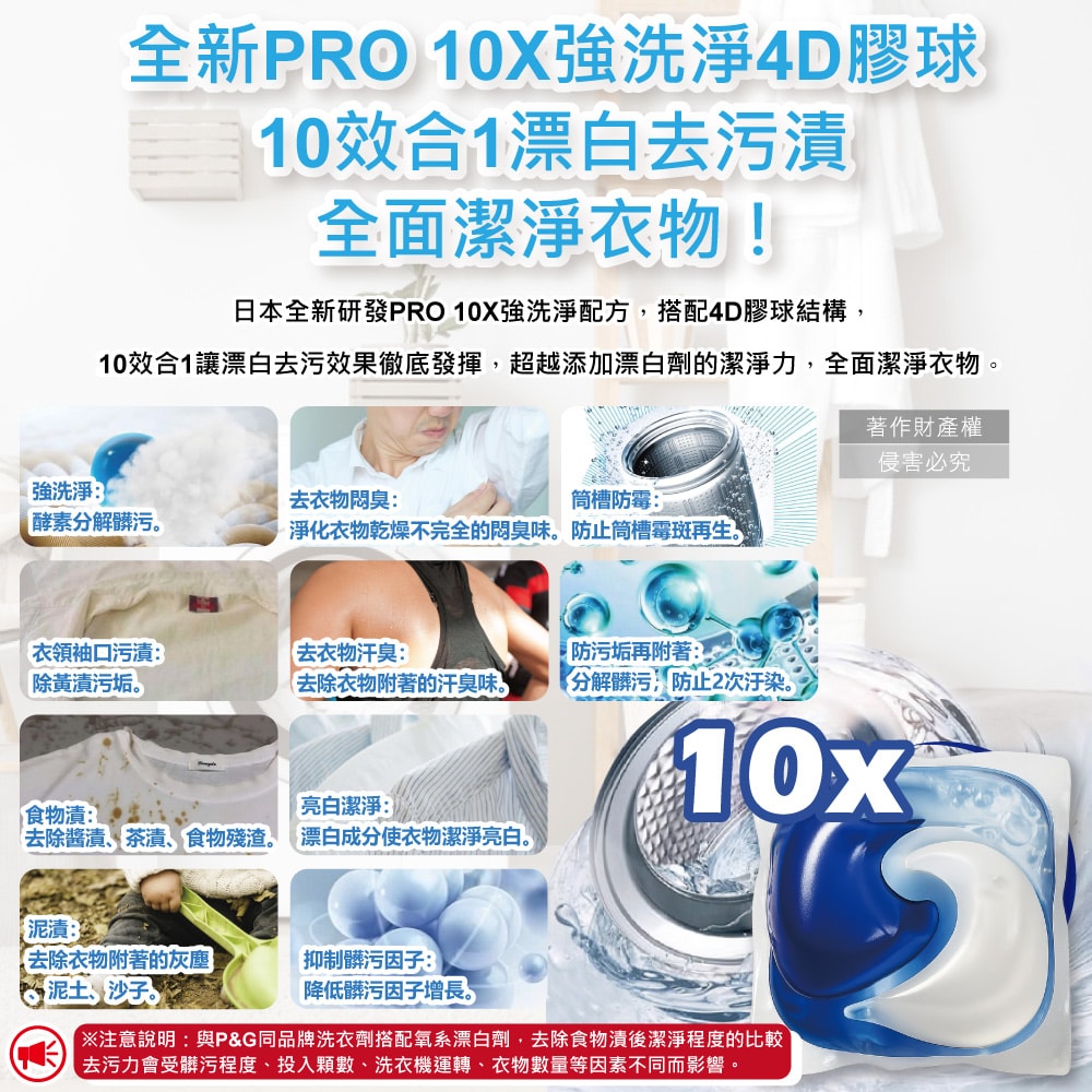 【P&G】Ariel 10X酵素強洗淨漂白去污消臭4D洗衣凝膠球19顆/袋(去黃亮白除臭洗衣球,洗衣機筒槽防霉,室內晾曬洗衣膠囊,衣物局部除垢清潔劑)