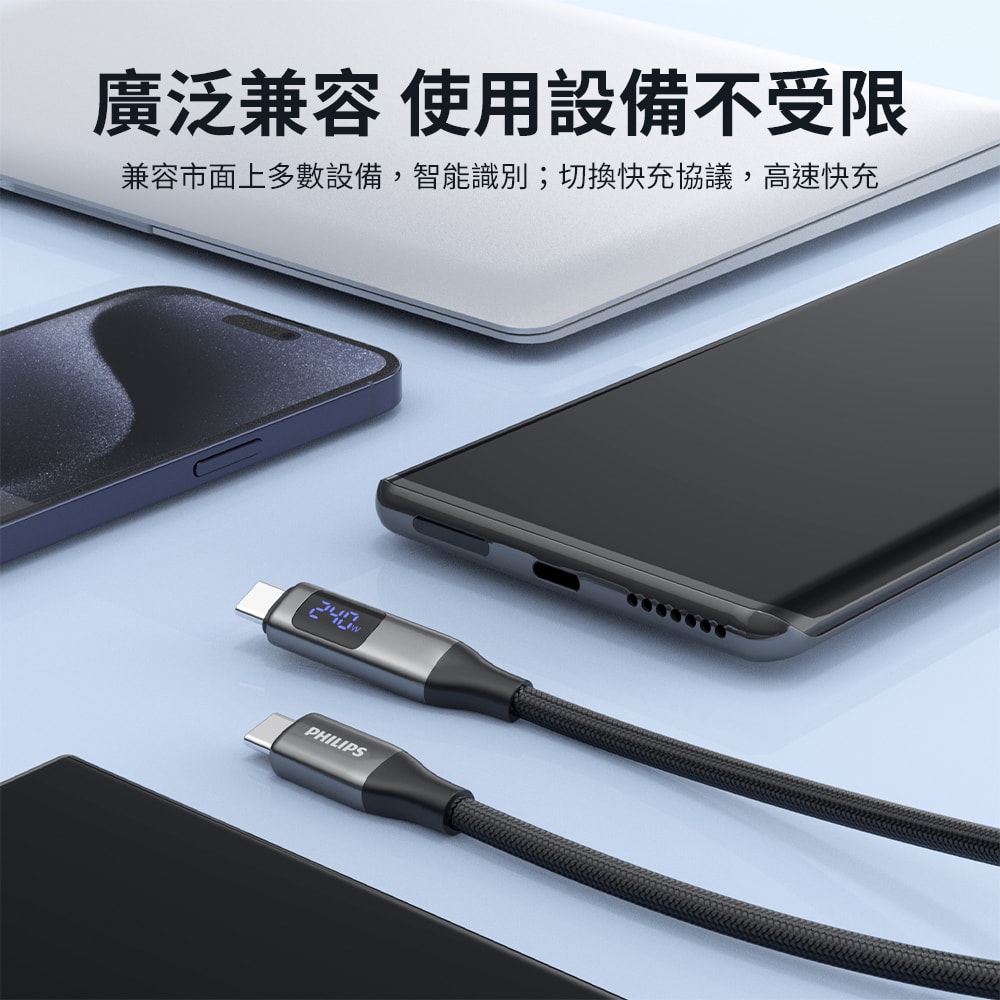 【Philips 飛利浦】C to C 240W PD數位顯示編織快充線125cm  DLC4582C