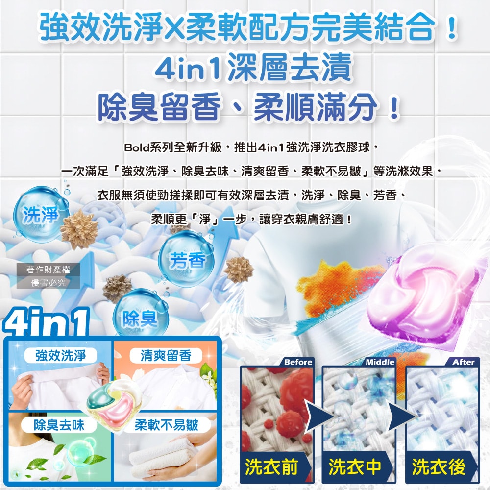 【P&G】Bold強洗淨4合1消臭柔軟香氛洗衣凝膠球86顆/袋(室內晾曬洗衣球補充包,祛黃潔白洗衣膠囊,柔順防起皺好熨燙,1粒究極全機型適用)