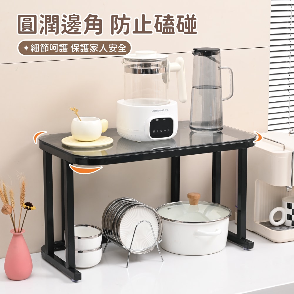 【慢慢家居】鋼化玻璃面板-碳鋼超耐重微波爐置物架-2入(廚房收納架 微波爐架 分層置物架)