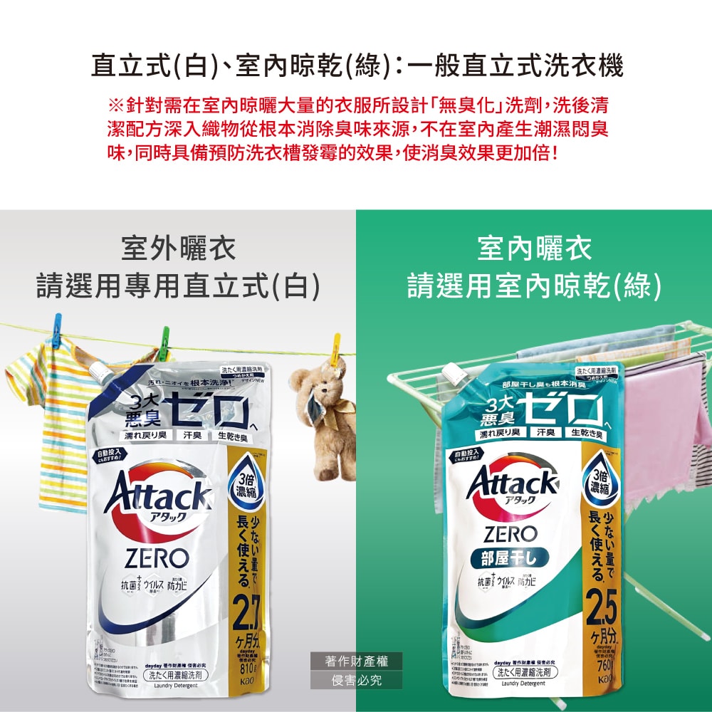 【日本花王KAO】Attack ZERO極淨超濃縮洗衣精補充包-室內晾乾消臭760g/新綠袋(最高清潔力Bio IOS洗淨因子,衣物除臭香氛,直立式/滾筒式/室內晾曬消臭)