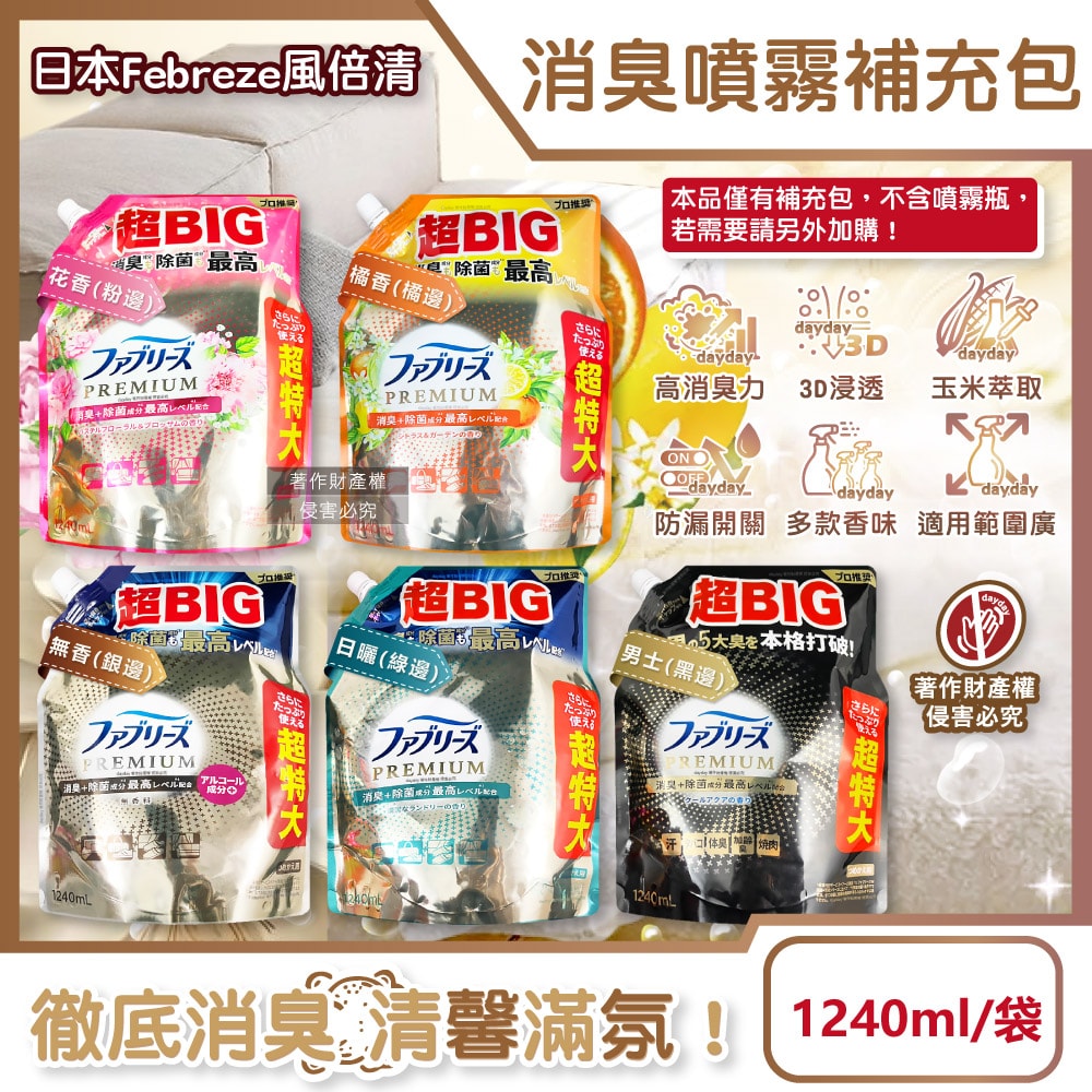 【Febreze 風倍清】高消臭力3D浸透織品除臭噴霧補充包1240ml/袋(超BIG衣物香氛,鞋靴消臭劑,去燒烤食物異味,寢具床墊地毯沙發窗簾適用)