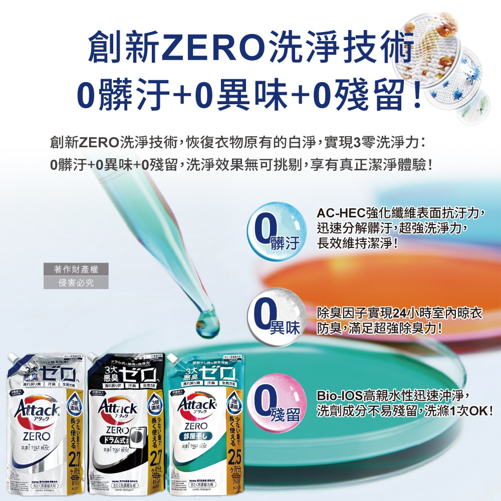 【日本花王KAO】Attack ZERO極淨超濃縮洗衣精補充包-室內晾乾消臭760g/新綠袋(最高清潔力Bio IOS洗淨因子,衣物除臭香氛,直立式/滾筒式/室內晾曬消臭)