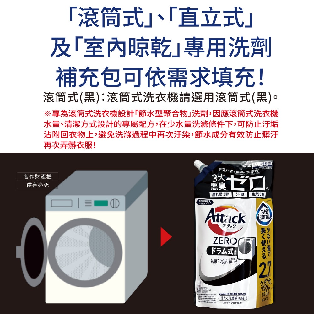 【日本花王KAO】Attack ZERO極淨超濃縮洗衣精補充包-室內晾乾消臭760g/新綠袋(最高清潔力Bio IOS洗淨因子,衣物除臭香氛,直立式/滾筒式/室內晾曬消臭)