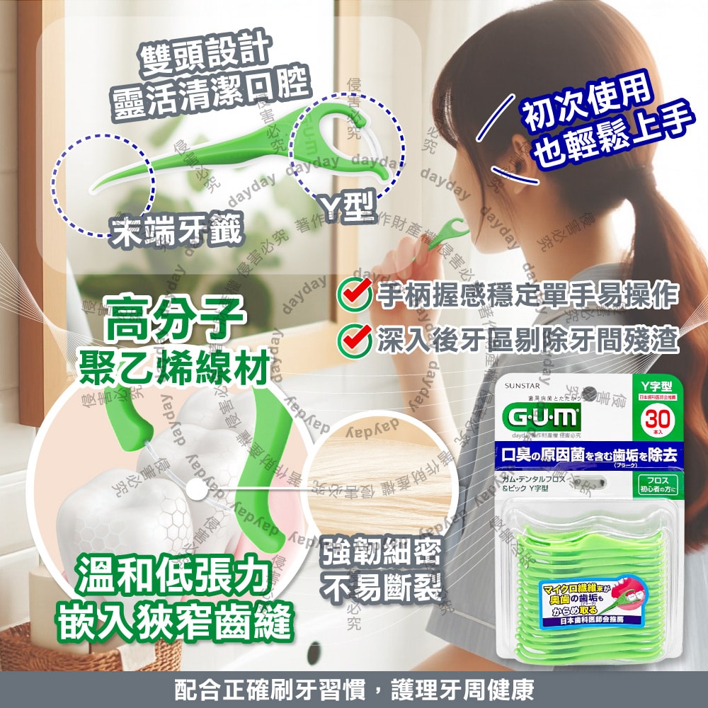 【Sunstar 三詩達】GUM後牙區齒縫去垢牙周護理Y型牙線棒30支/盒(後排臼齒除殘渣潔牙線,牙籤雙功能清潔棒組合包,飯後口腔保健剔牙工具)