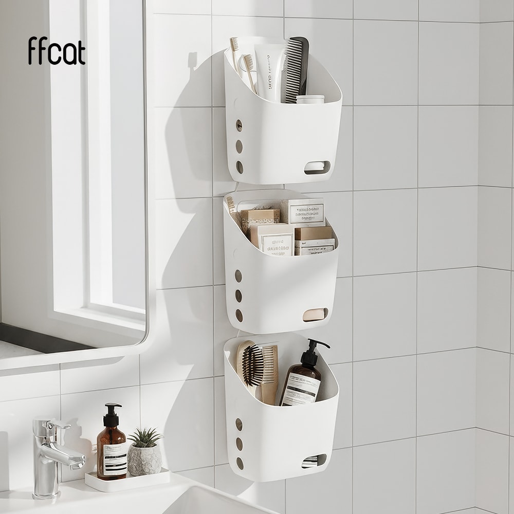 【ffcat】強力無痕壁貼掛籃 小款白色三件組 掛籃 免打孔 分層分類收 置物架 廚房置物架 浴室收納架 牆面置物架
