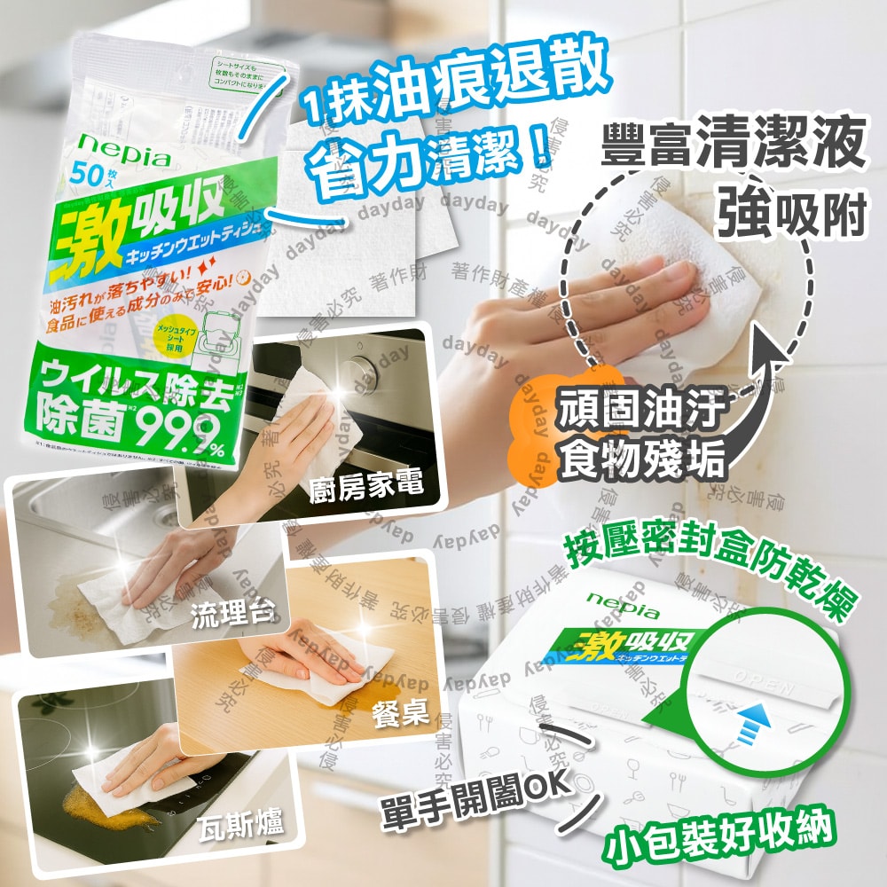 【Nepia】激吸收廚房清潔強效去油汙抽取式濕紙巾50抽/袋(附蓋防乾燥妮飄濕巾,1次性家用擦拭抹布,餐桌去污漬萬用除塵紙,爐具家電濕擦巾)