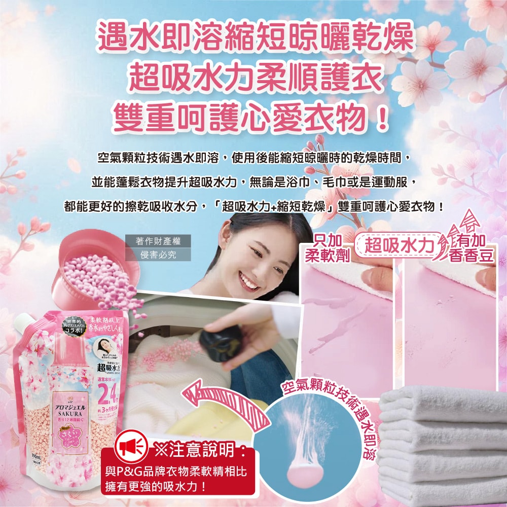 【P&G】芳香寶石系列超吸水力顆粒香香豆補充包990ml/袋-櫻花香粉(持香約12週,期間限定留香珠,室內晾曬消臭柔順護衣,全洗衣機型適用)