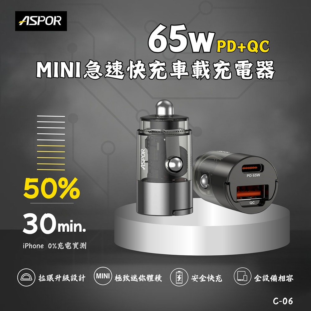 【ASPOR】急速65W Mini快充PD+QC車載充電器(附贈Type-C充電線)