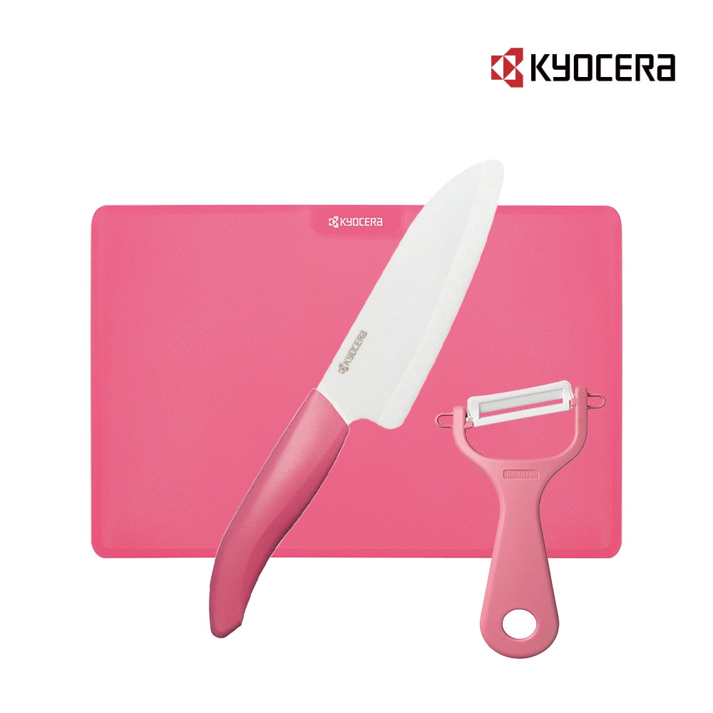 【KYOCERA 京瓷】櫻花限定家庭日常備餐三件全套組(14cm刀＋削皮刀＋砧板)(原廠總代理)