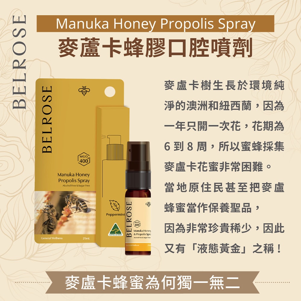 【澳洲澳倍美Belrose】麥蘆卡蜂膠口腔噴劑-(4入組 25ml/瓶)