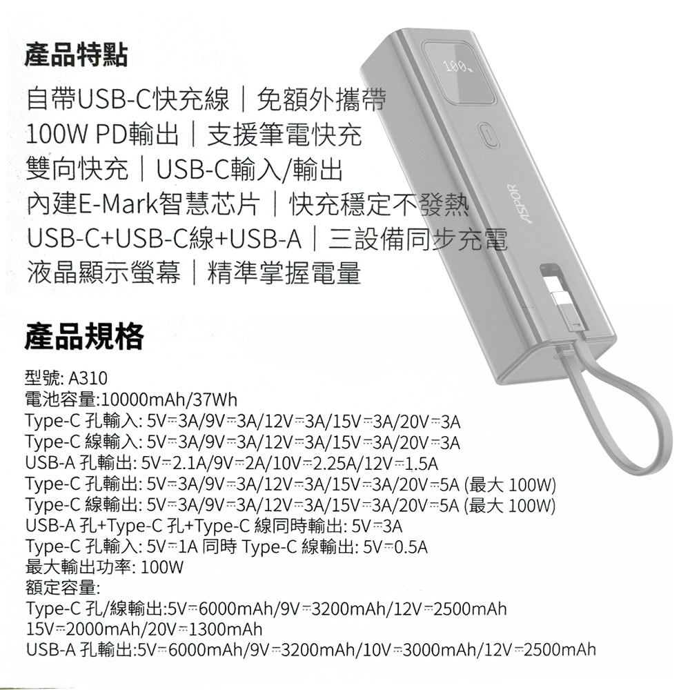 【ASPOR】10000mAh 100W數顯快充行動電源(自帶USB-C快充線)
