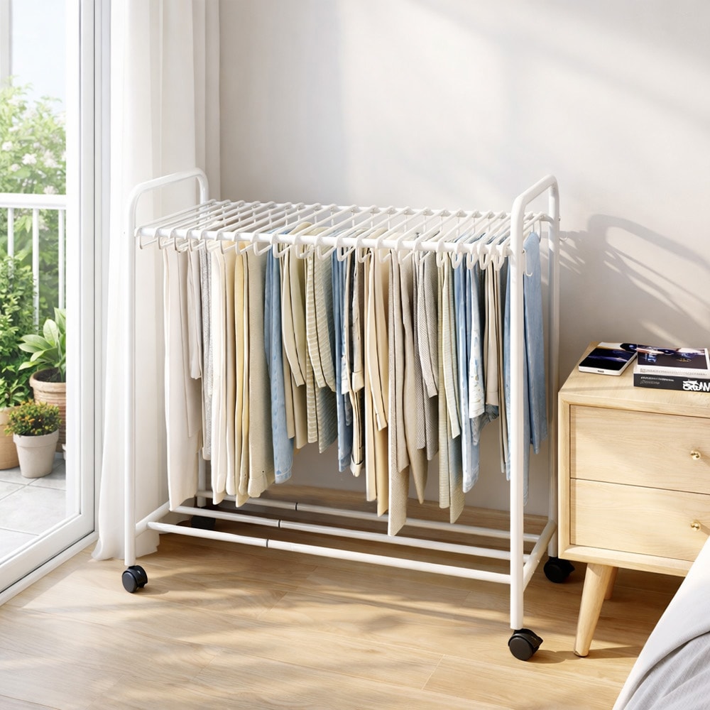 【AOTTO】落地式伸縮附輪衣物褲子收納架衣帽架