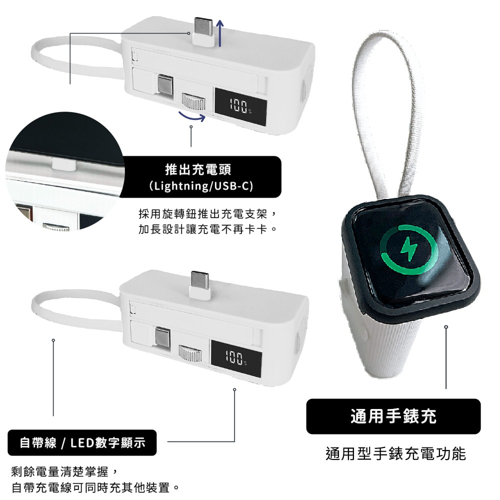 【Wephone】5000mAh 隱藏直插式/數顯20W快充行動電源(雙向自帶線/可充手錶)