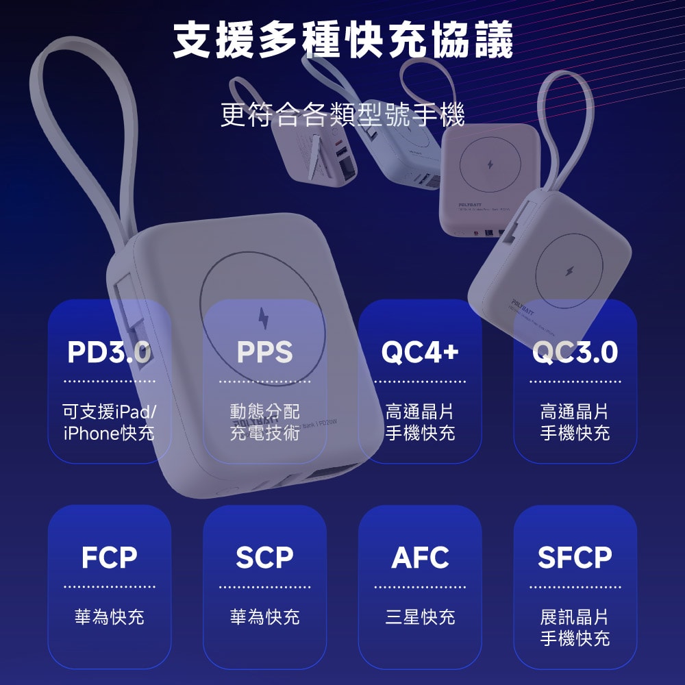 【POLYBATT】台灣製造 10000mAh 20W 自帶雙線/數顯/磁吸無線快充行動電源(T10)