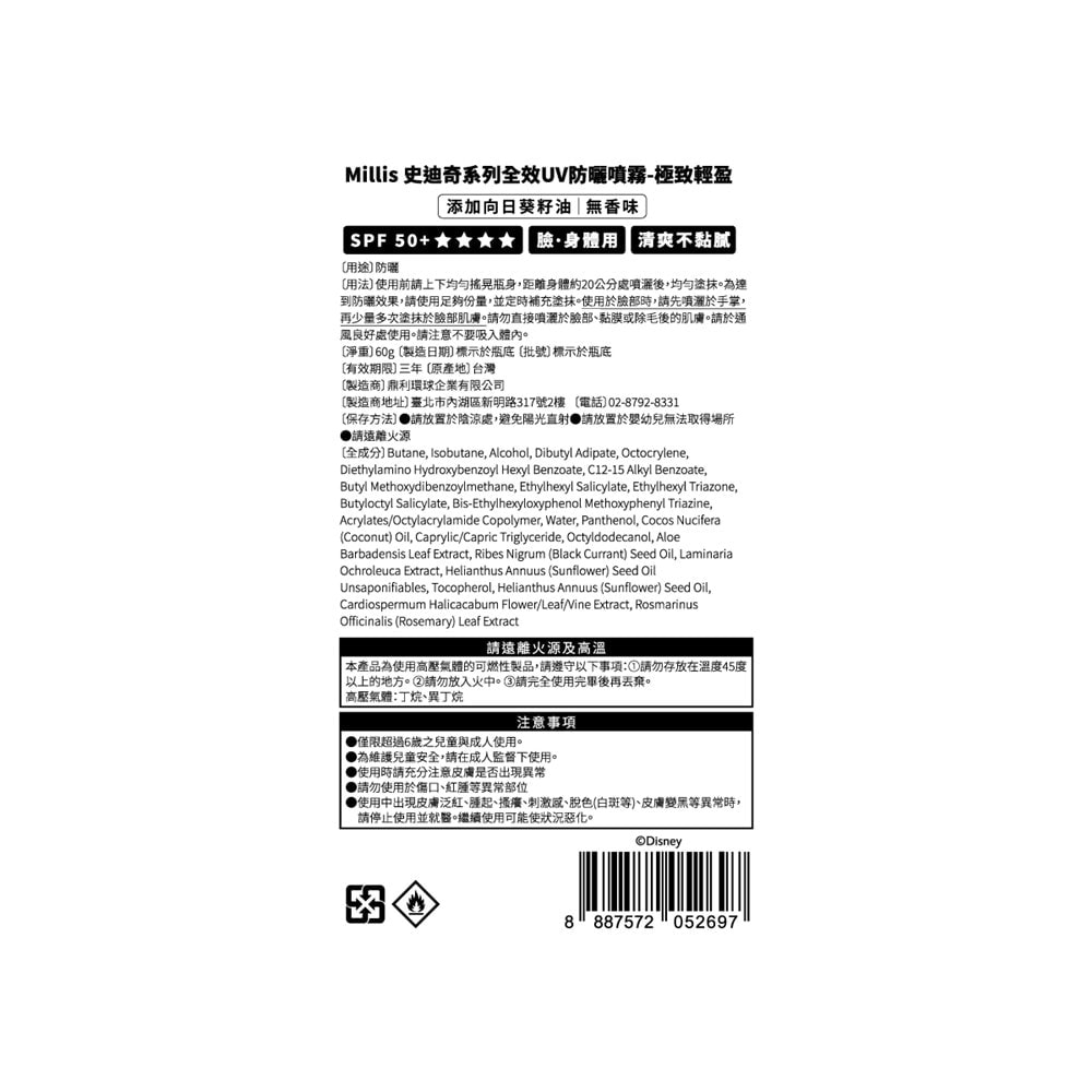 【Millis】史迪奇系列防曬噴霧60gx3入組