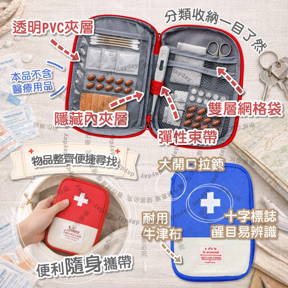 【生活良品】雙色大開口拉鍊多夾層隨身便攜醫藥品分類收納包1入/袋(本品不含醫療用品,藥物保健品整理袋,急救避難醫療包,多用途旅行盥洗化妝包)