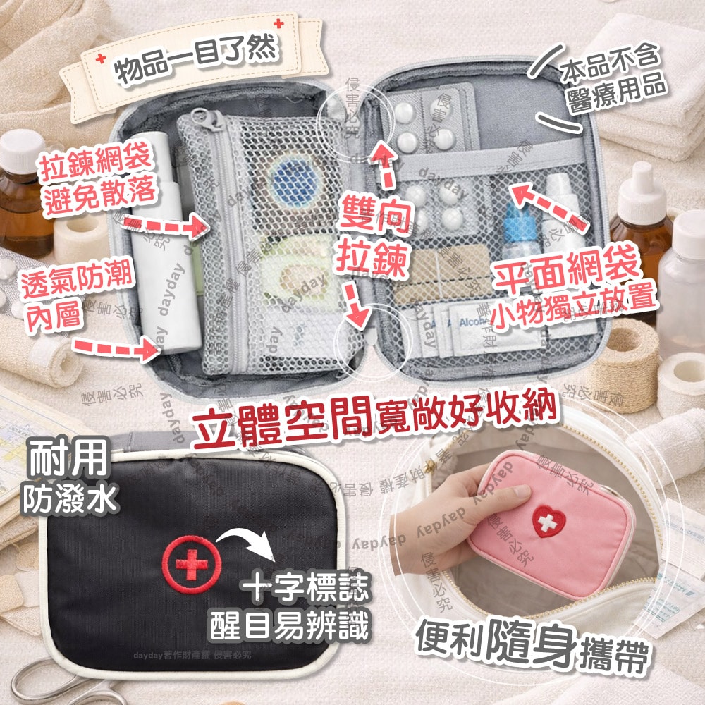【生活良品】大開口雙向拉鍊夾層隨身便攜醫藥品分類立體小收納包1入/袋(本品不含醫療用品,藥物保健品整理袋,急救避難醫療包,旅行盥洗化妝包)