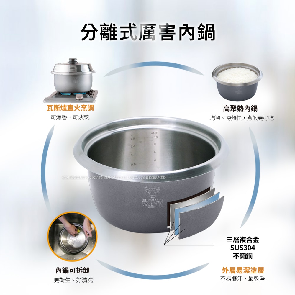 【BUFFALO 牛頭牌】【Buffalo牛頭牌】15人份_極淨厲害電鍋_基本款(白/可分離式牛頭鋼內鍋/304不鏽鋼/附專屬蒸籠)