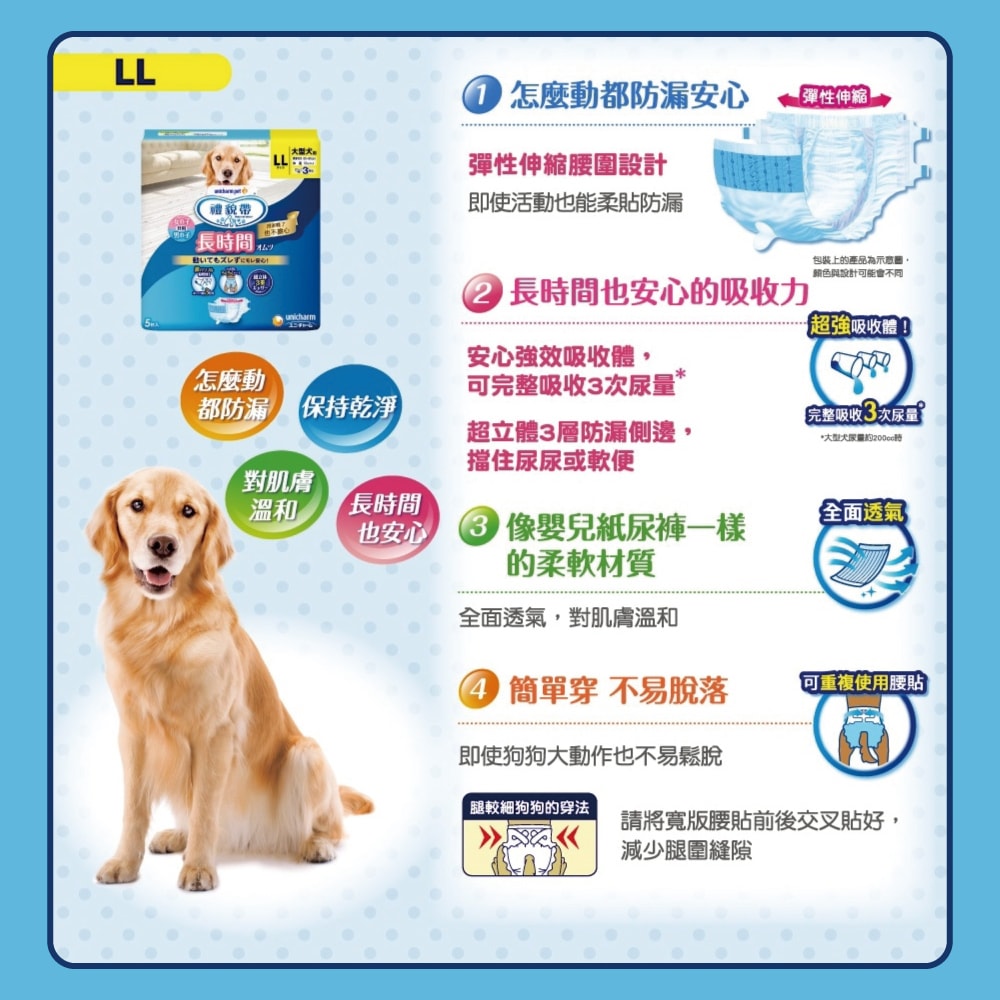 【日本Unicharm嬌聯】禮貌帶長時間系列男女共用寵物專用紙尿褲1袋(最長12小時吸收,高齡愛寵防漏照護,公母貓狗貼身透氣尿布,毛孩好穿脫生理褲)