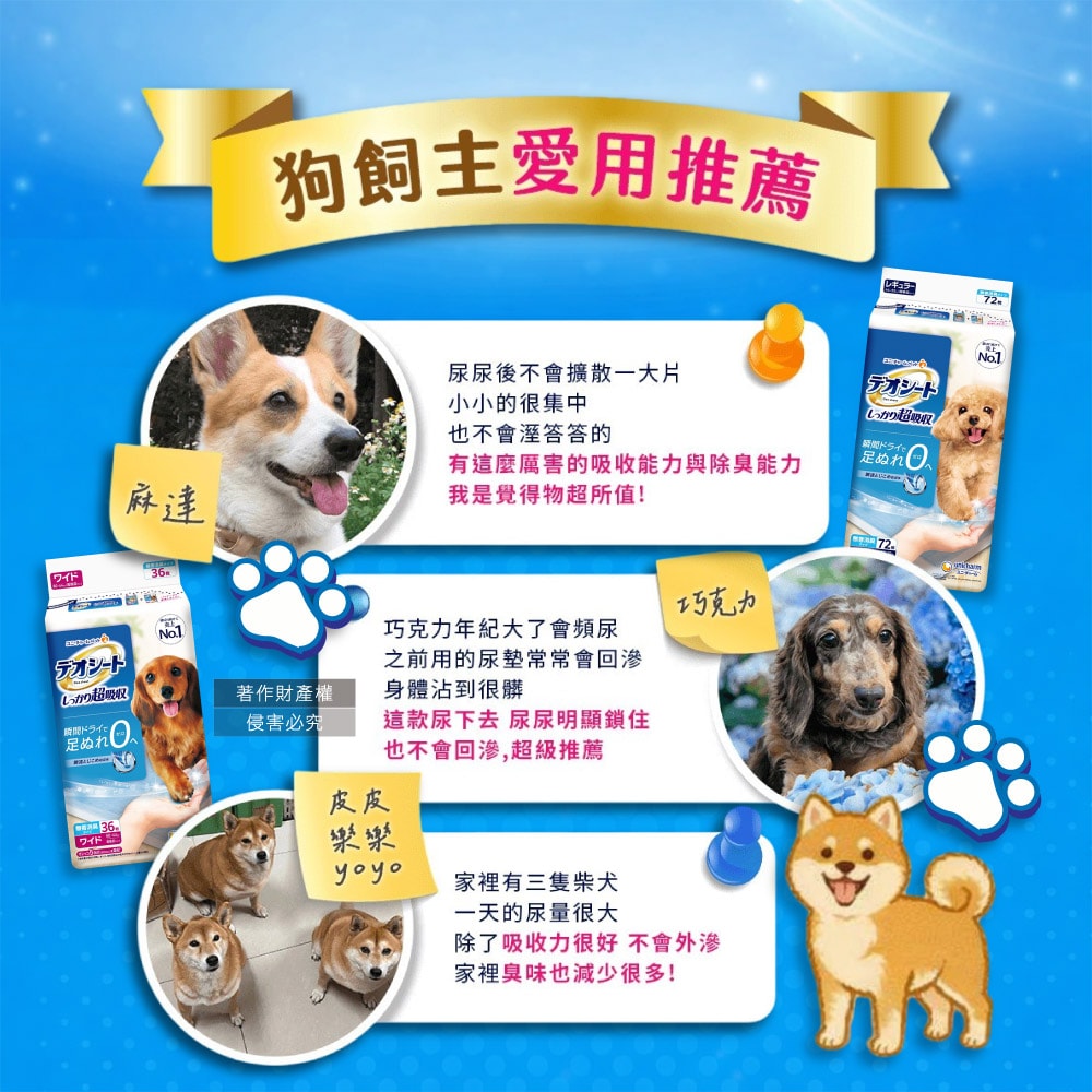 【日本Unicharm嬌聯】消臭大師無香消臭高效鎖尿防回滲超吸收狗尿墊1袋(高分子防漏尿布墊,平面式犬用廁所,定點訓練寵物隔尿墊,約3~5次吸尿量)