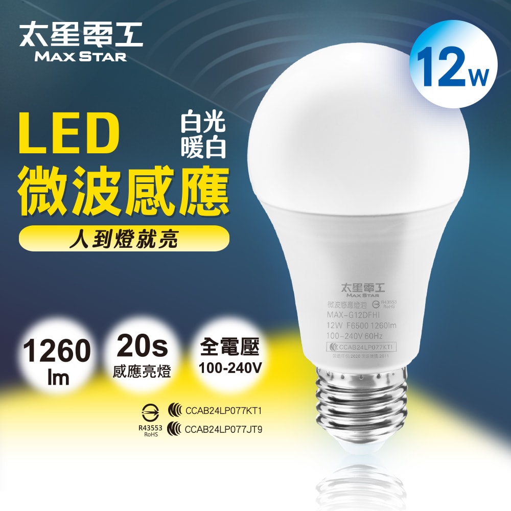 【太星電工】12W LED微波感應燈泡 E27 (白光/暖白) 雷達感應燈 自動亮燈 樓梯/玄關/走廊燈 廣角感應球泡(2入)